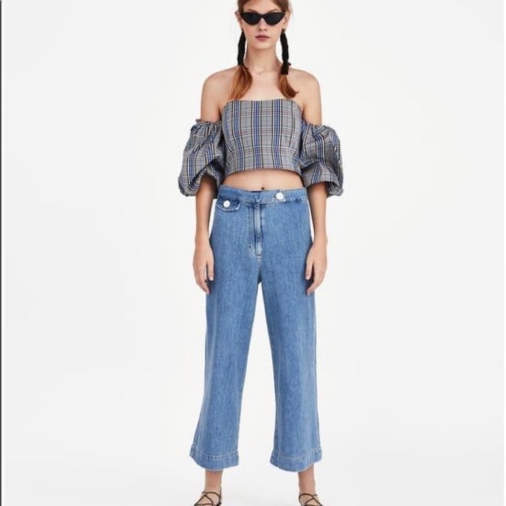 Zara Off-the-Shoulder Blur Navy Plaid Crop Smocked Top Extreme Puff 3/4 Sleeves